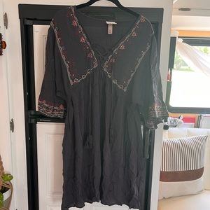 Boho Tunic Dress Embroidered Tie Up Front
